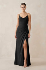 Ruched Sheath Spaghetti Strap Chiffon Bridesmaid Dress in Black - KISS BRIDAL Bridesmaid Dresses