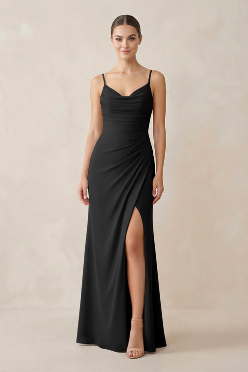 Ruched Sheath Spaghetti Strap Chiffon Bridesmaid Dress in Black - SHE IS ME Bridesmaid Dresses