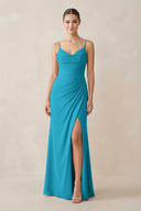 Ruched Sheath Spaghetti Strap Chiffon Bridesmaid Dress in Blue Jay - SHE IS ME Bridesmaid Dresses