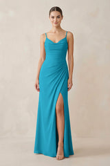 Ruched Sheath Spaghetti Strap Chiffon Bridesmaid Dress in Blue Jay - KISS BRIDAL Bridesmaid Dresses