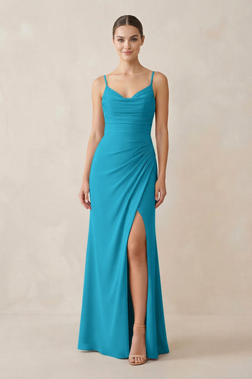 Ruched Sheath Spaghetti Strap Chiffon Bridesmaid Dress in Blue Jay - SHE IS ME Bridesmaid Dresses