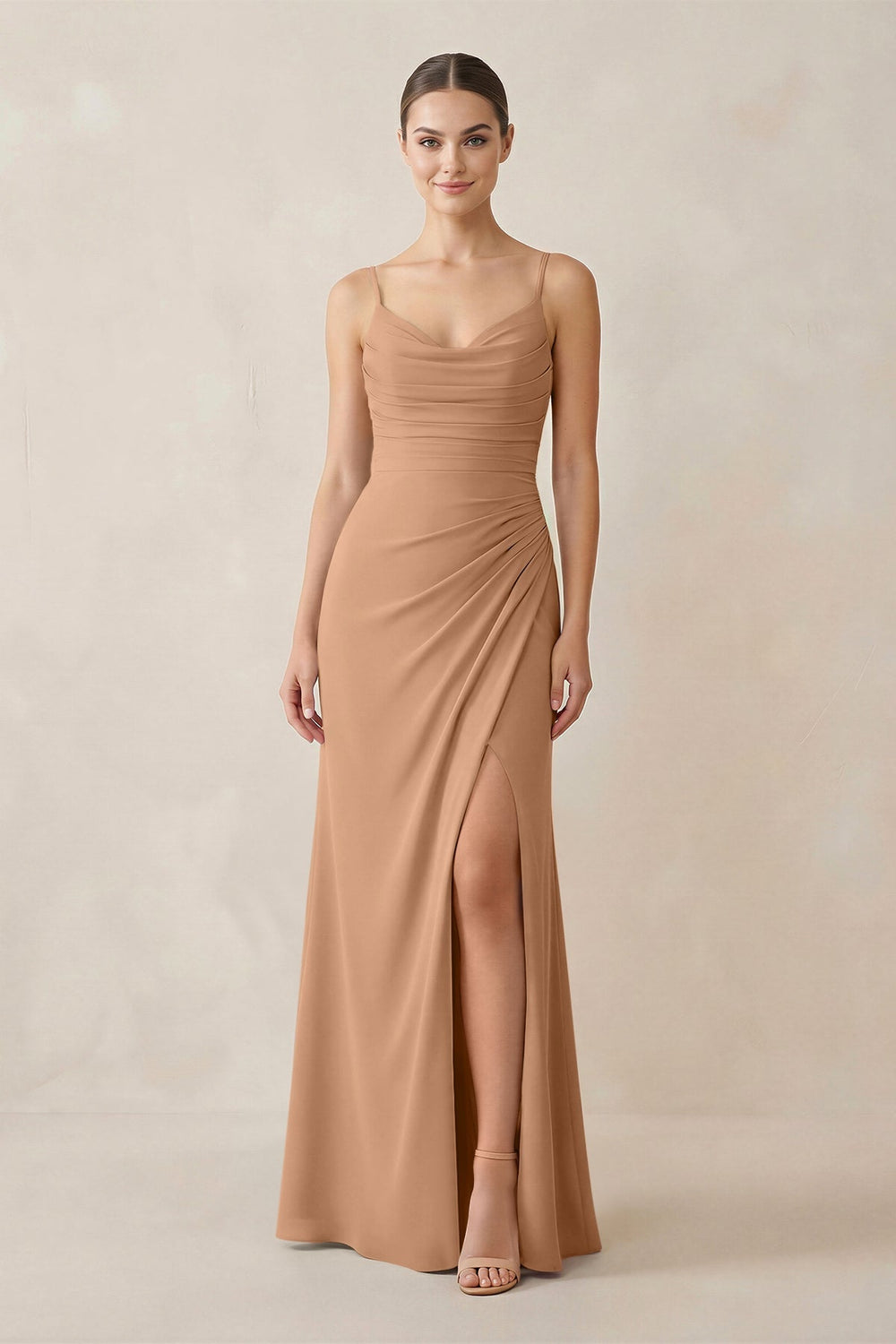 Ruched Sheath Spaghetti Strap Chiffon Bridesmaid Dress in Bronzer - KISS BRIDAL Bridesmaid Dresses