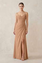 Ruched Sheath Spaghetti Strap Chiffon Bridesmaid Dress in Bronzer - KISS BRIDAL Bridesmaid Dresses