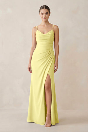 Ruched Sheath Spaghetti Strap Chiffon Bridesmaid Dress in Buttercup - SHE IS ME Bridesmaid Dresses