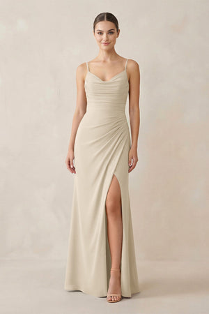 Ruched Sheath Spaghetti Strap Chiffon Bridesmaid Dress in Champagne - SHE IS ME Bridesmaid Dresses