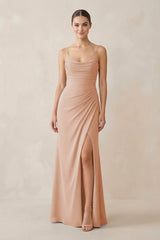 Ruched Sheath Spaghetti Strap Chiffon Bridesmaid Dress in Champagne Rose - KISS BRIDAL Bridesmaid Dresses
