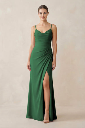 Ruched Sheath Spaghetti Strap Chiffon Bridesmaid Dress in Dark Green - SHE IS ME Bridesmaid Dresses
