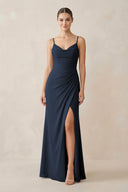 Ruched Sheath Spaghetti Strap Chiffon Bridesmaid Dress in Dark Navy - SHE IS ME Bridesmaid Dresses