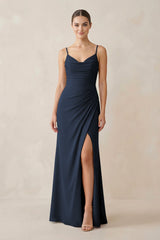 Ruched Sheath Spaghetti Strap Chiffon Bridesmaid Dress in Dark Navy - KISS BRIDAL Bridesmaid Dresses