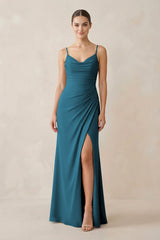 Ruched Sheath Spaghetti Strap Chiffon Bridesmaid Dress in Dark Teal - KISS BRIDAL Bridesmaid Dresses