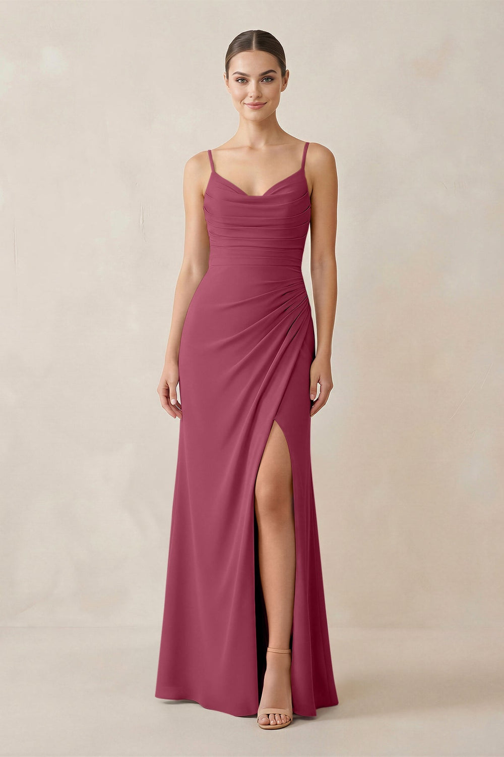 Ruched Sheath Spaghetti Strap Chiffon Bridesmaid Dress in Desert Rose - KISS BRIDAL Bridesmaid Dresses