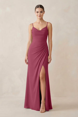 Ruched Sheath Spaghetti Strap Chiffon Bridesmaid Dress in Desert Rose - SHE IS ME Bridesmaid Dresses