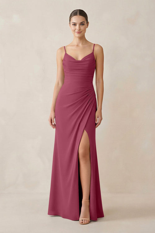 Ruched Sheath Spaghetti Strap Chiffon Bridesmaid Dress in Desert Rose - SHE IS ME Bridesmaid Dresses