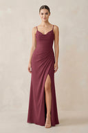 Ruched Sheath Spaghetti Strap Chiffon Bridesmaid Dress in Desert Rose | KISSBRIDAL
