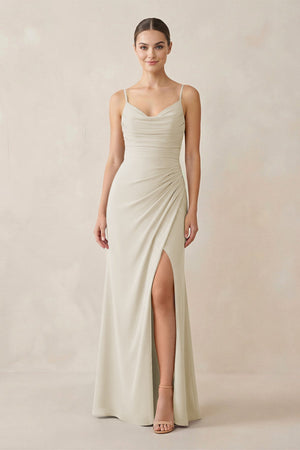 Ruched Sheath Spaghetti Strap Chiffon Bridesmaid Dress in Dove Gray - SHE IS ME Bridesmaid Dresses
