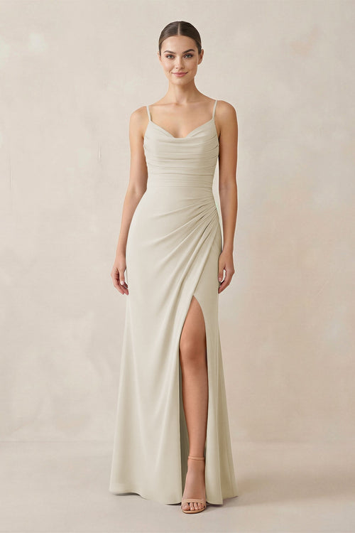 Ruched Sheath Spaghetti Strap Chiffon Bridesmaid Dress in Dove Gray - SHE IS ME Bridesmaid Dresses