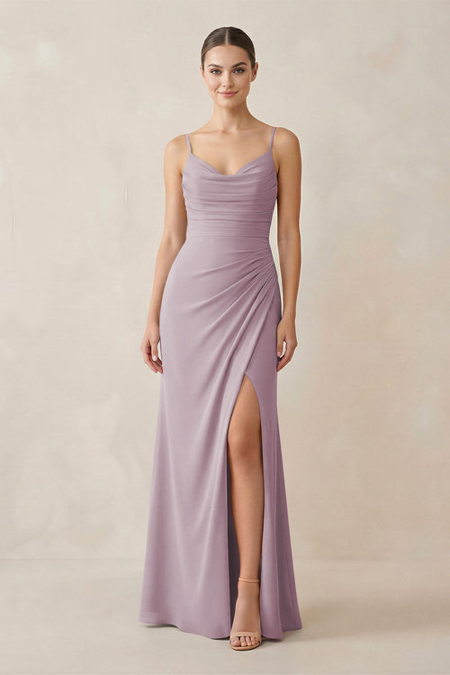 Ruched Sheath Spaghetti Strap Chiffon Bridesmaid Dress in Dusk - SHE IS ME Bridesmaid Dresses
