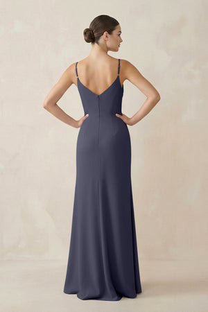 Ruched Sheath Spaghetti Strap Chiffon Bridesmaid Dress in Dusk Blue - SHE IS ME Bridesmaid Dresses