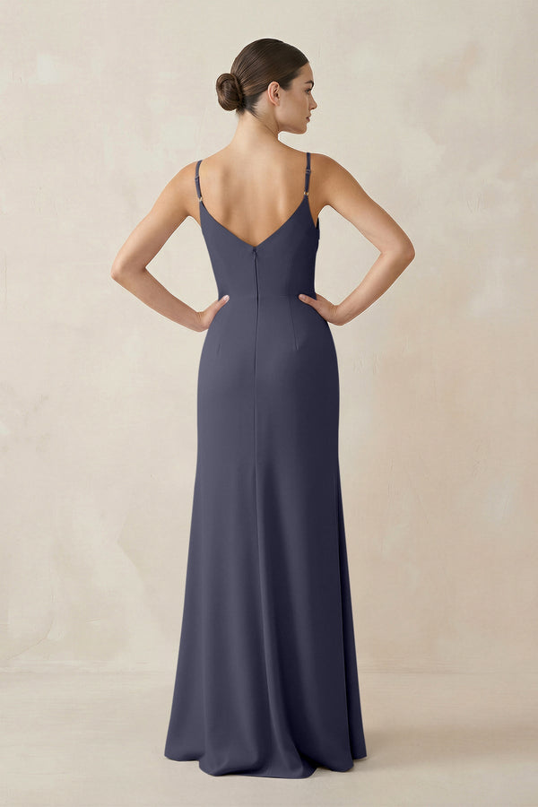 Ruched Sheath Spaghetti Strap Chiffon Bridesmaid Dress in Dusk Blue - SHE IS ME Bridesmaid Dresses