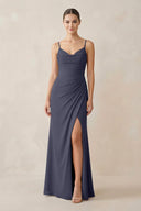 Ruched Sheath Spaghetti Strap Chiffon Bridesmaid Dress in Dusk Blue - SHE IS ME Bridesmaid Dresses