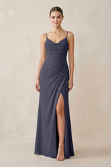 Ruched Sheath Spaghetti Strap Chiffon Bridesmaid Dress in Dusk Blue - KISS BRIDAL Bridesmaid Dresses