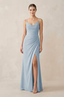 Ruched Sheath Spaghetti Strap Chiffon Bridesmaid Dress in Dusty Blue - SHE IS ME Bridesmaid Dresses