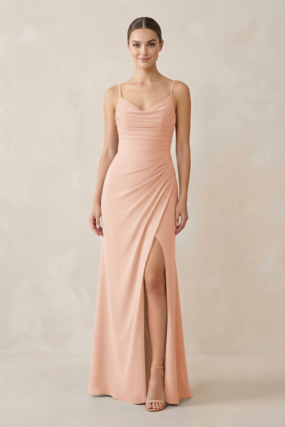 Ruched Sheath Spaghetti Strap Chiffon Bridesmaid Dress in English Rose - KISS BRIDAL Bridesmaid Dresses