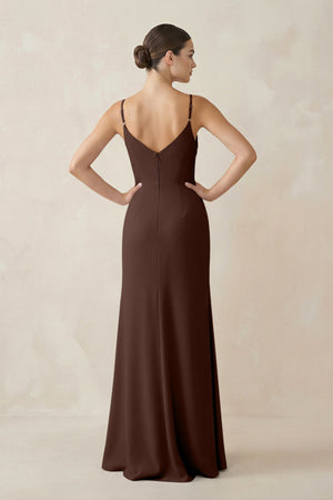 Ruched Sheath Spaghetti Strap Chiffon Bridesmaid Dress in Espresso - SHE IS ME Bridesmaid Dresses