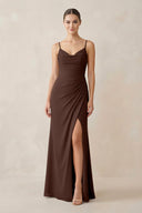 Ruched Sheath Spaghetti Strap Chiffon Bridesmaid Dress in Espresso - SHE IS ME Bridesmaid Dresses