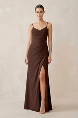 Ruched Sheath Spaghetti Strap Chiffon Bridesmaid Dress in Espresso - KISS BRIDAL Bridesmaid Dresses