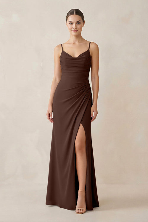 Ruched Sheath Spaghetti Strap Chiffon Bridesmaid Dress in Espresso - SHE IS ME Bridesmaid Dresses
