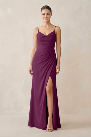 Ruched Sheath Spaghetti Strap Chiffon Bridesmaid Dress in Fig - SHE IS ME Bridesmaid Dresses