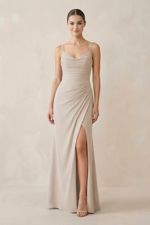 Ruched Sheath Spaghetti Strap Chiffon Bridesmaid Dress in Frost - SHE IS ME Bridesmaid Dresses