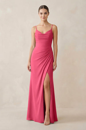 Ruched Sheath Spaghetti Strap Chiffon Bridesmaid Dress in Fuchsia - SHE IS ME Bridesmaid Dresses