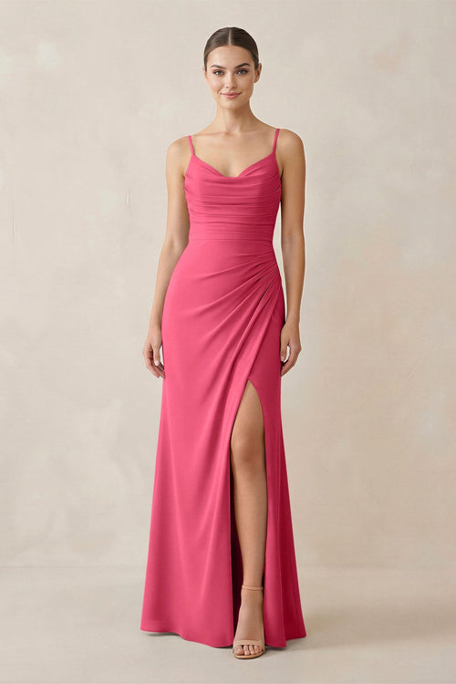 Ruched Sheath Spaghetti Strap Chiffon Bridesmaid Dress in Fuchsia - SHE IS ME Bridesmaid Dresses