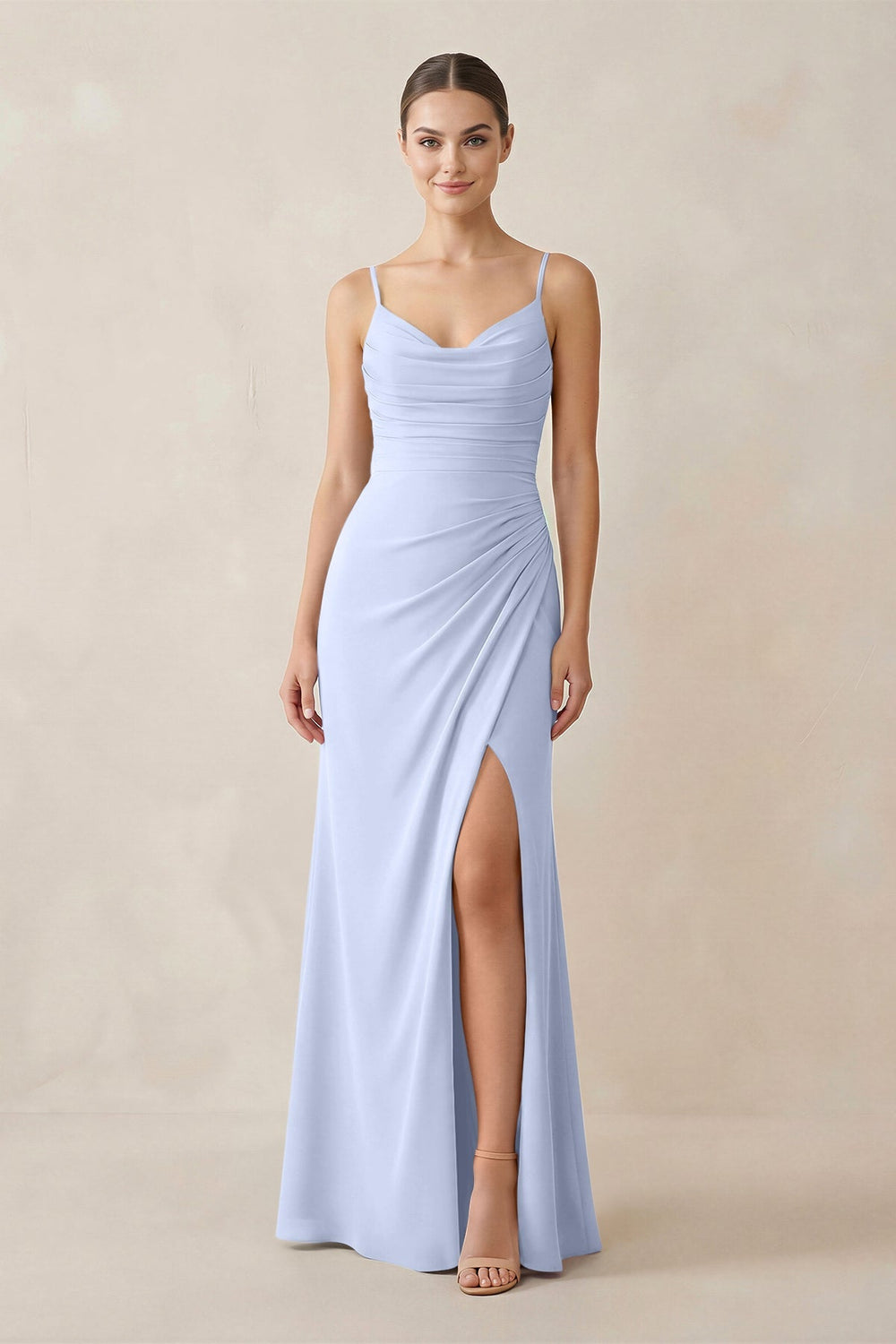 Ruched Sheath Spaghetti Strap Chiffon Bridesmaid Dress in Ice - KISS BRIDAL Bridesmaid Dresses