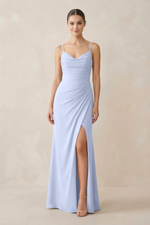 Ruched Sheath Spaghetti Strap Chiffon Bridesmaid Dress in Ice - SHE IS ME Bridesmaid Dresses