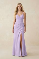 Ruched Sheath Spaghetti Strap Chiffon Bridesmaid Dress in Lavender - KISS BRIDAL BRIDESMAID DRESSES