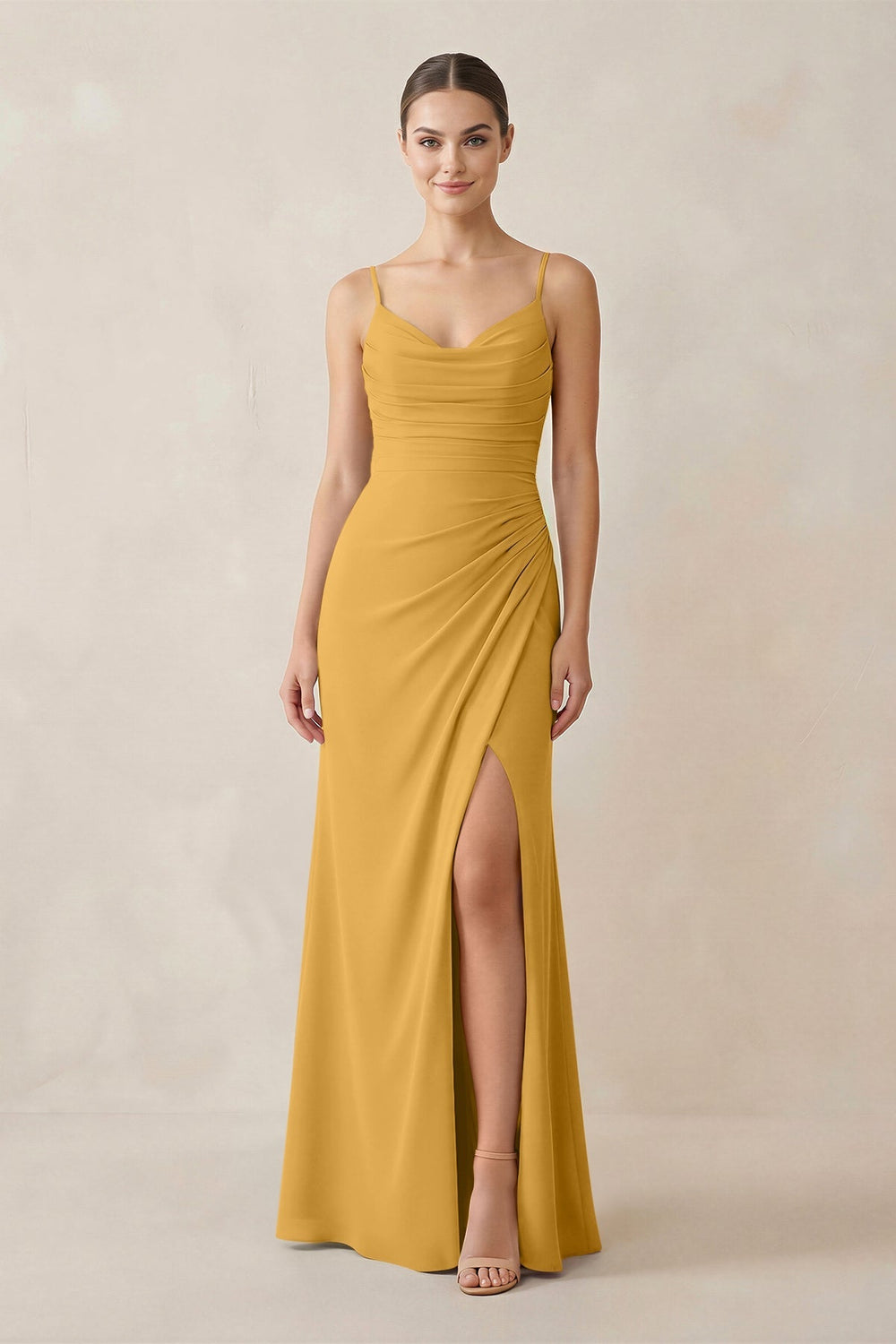 Ruched Sheath Spaghetti Strap Chiffon Bridesmaid Dress in Marigold - SHE IS ME Bridesmaid Dresses