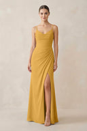 Ruched Sheath Spaghetti Strap Chiffon Bridesmaid Dress in Marigold - SHE IS ME Bridesmaid Dresses