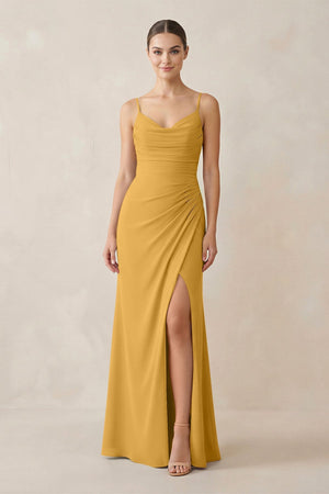 Ruched Sheath Spaghetti Strap Chiffon Bridesmaid Dress in Marigold - SHE IS ME Bridesmaid Dresses
