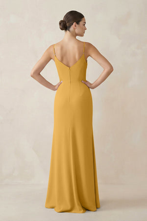 Ruched Sheath Spaghetti Strap Chiffon Bridesmaid Dress in Marigold - SHE IS ME Bridesmaid Dresses