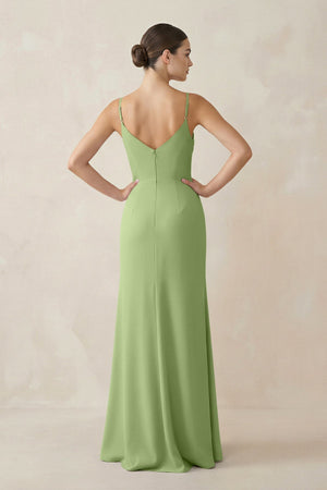 Ruched Sheath Spaghetti Strap Chiffon Bridesmaid Dress in Matcha - SHE IS ME Bridesmaid Dresses