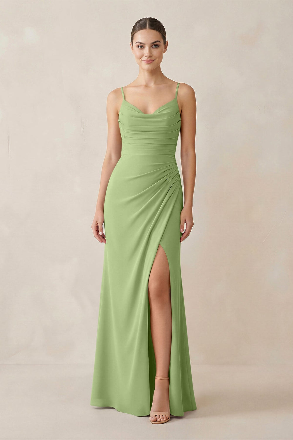 Ruched Sheath Spaghetti Strap Chiffon Bridesmaid Dress in Matcha - KISS BRIDAL Bridesmaid Dresses