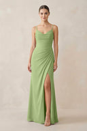 Ruched Sheath Spaghetti Strap Chiffon Bridesmaid Dress in Matcha - SHE IS ME Bridesmaid Dresses