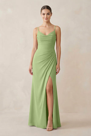 Ruched Sheath Spaghetti Strap Chiffon Bridesmaid Dress in Matcha - SHE IS ME Bridesmaid Dresses