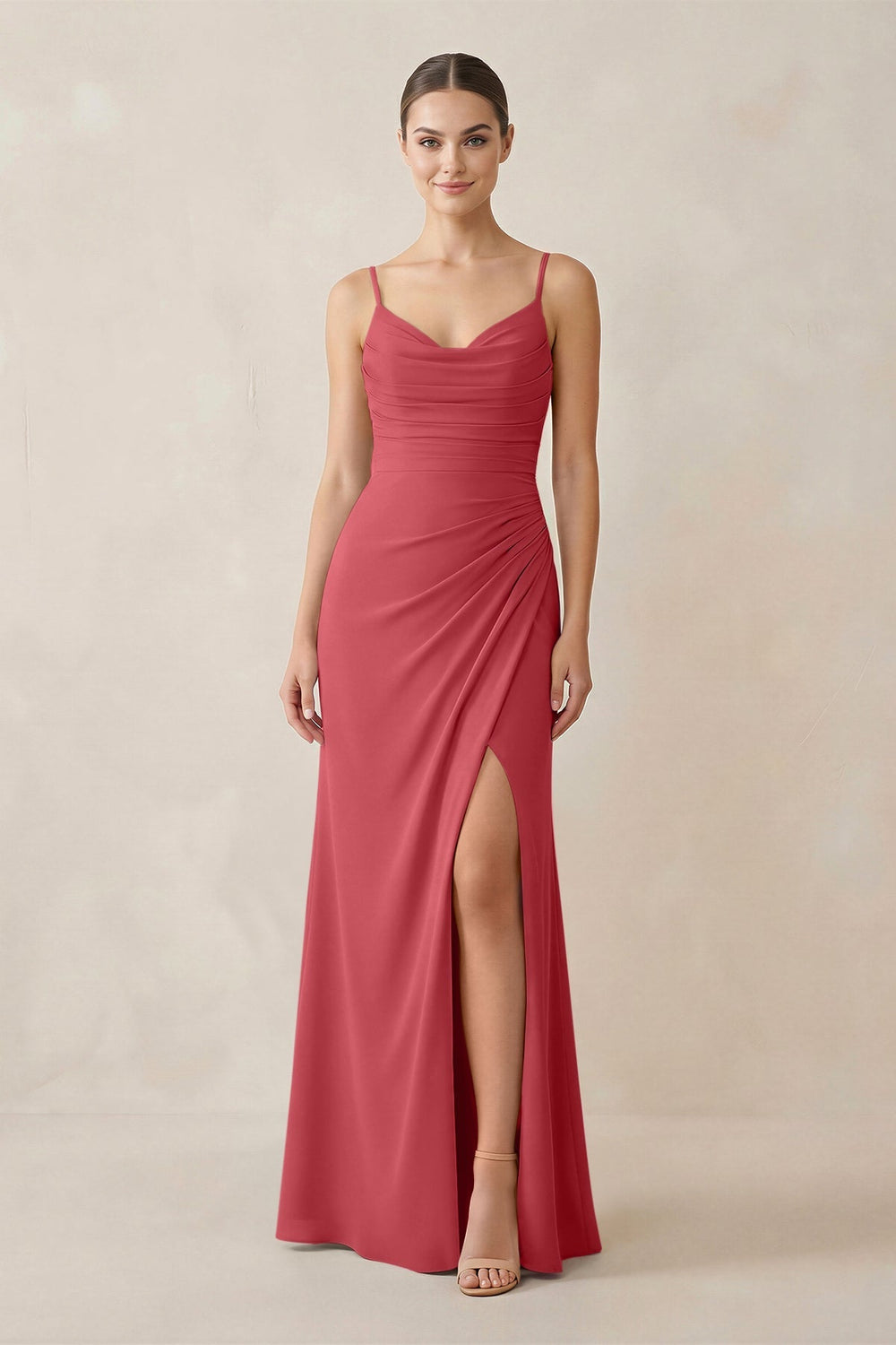 Ruched Sheath Spaghetti Strap Chiffon Bridesmaid Dress in Merlot - KISS BRIDAL Bridesmaid Dresses
