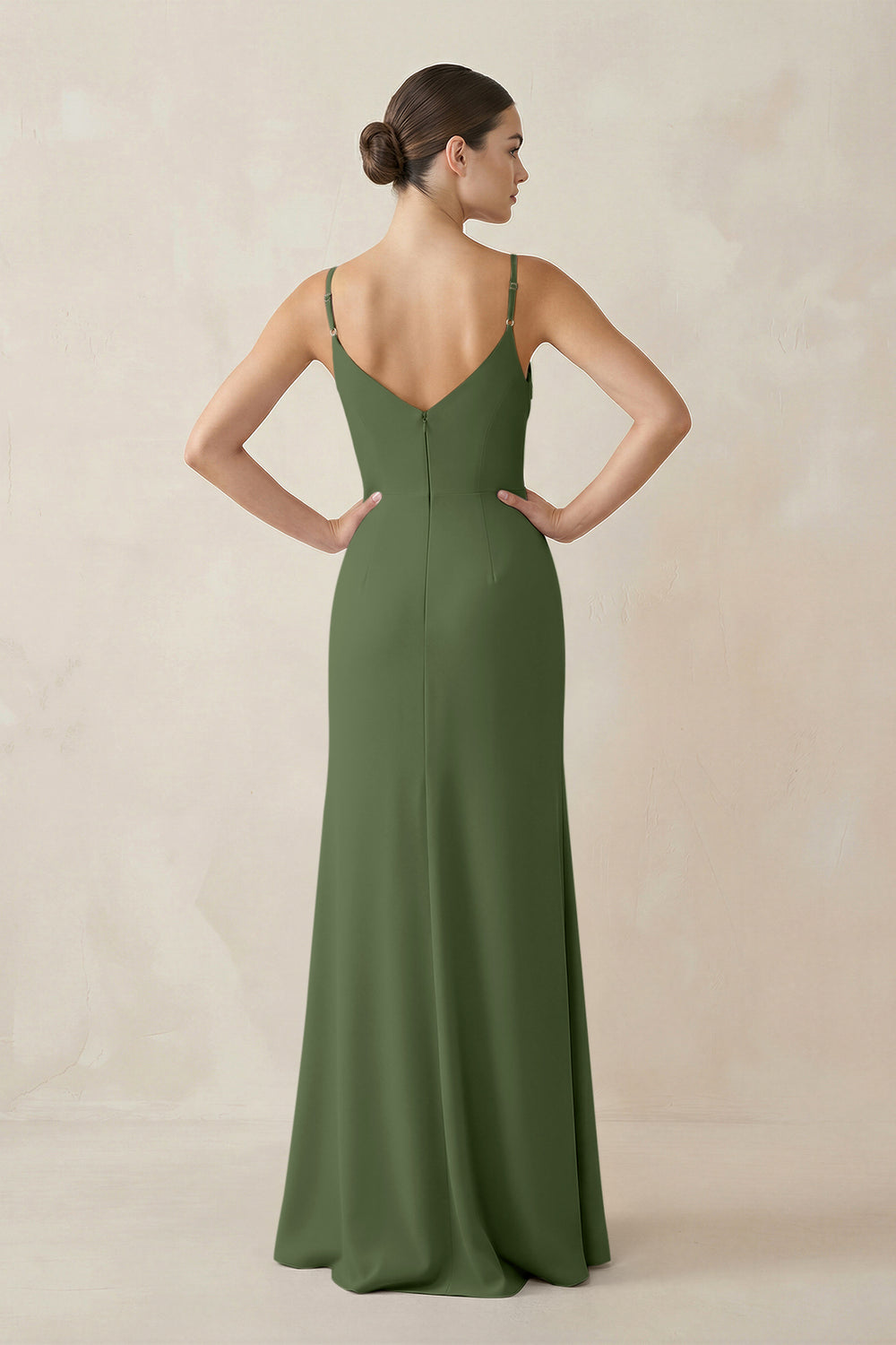Ruched Sheath Spaghetti Strap Chiffon Bridesmaid Dress in Moss