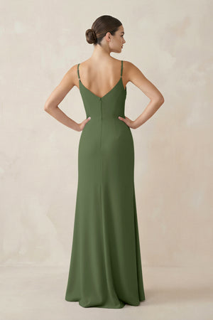 Ruched Sheath Spaghetti Strap Chiffon Bridesmaid Dress in Moss (2) | KISSBRIDAL
