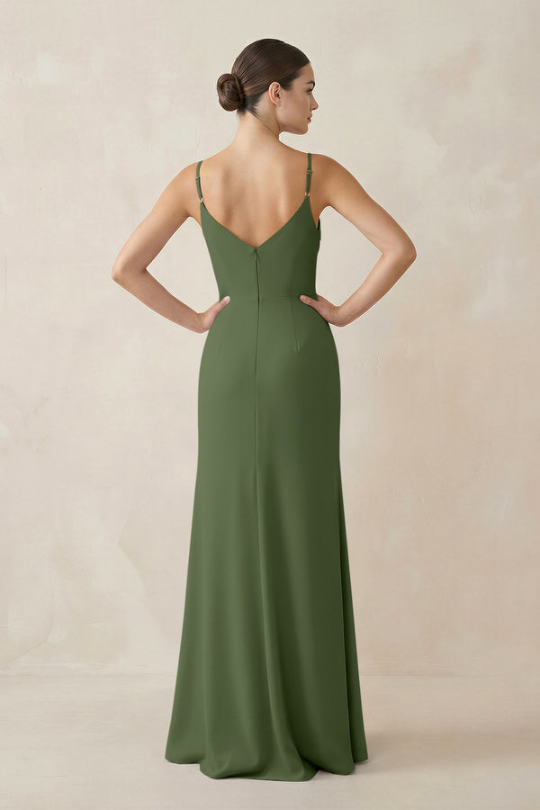 Ruched Sheath Spaghetti Strap Chiffon Bridesmaid Dress in Moss (2) | KISSBRIDAL